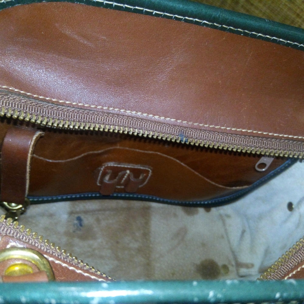 Brahmin Mini Bowler Leather Top Handle Satchel in Cognac Brown with Green Trim - Picture 9 of 14